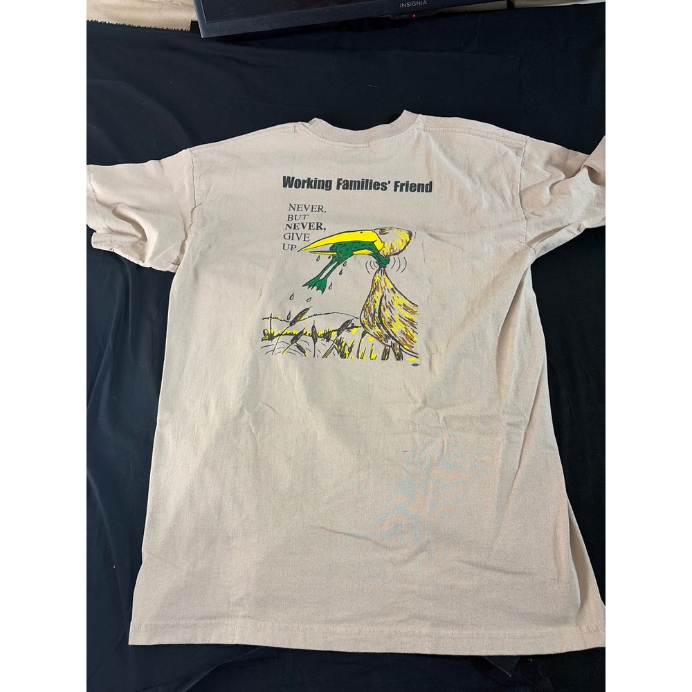 Bayside Mens XL Tan Working Families Friend Never Give‎ Up Graphic T-Shirt USA